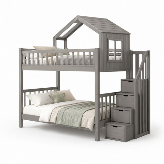 Etagenbett für Kinder aus Holz in Form eines kleinen Gehäuses mit Leiter, 90 × 200 cm und 140 × 200 cm, grau