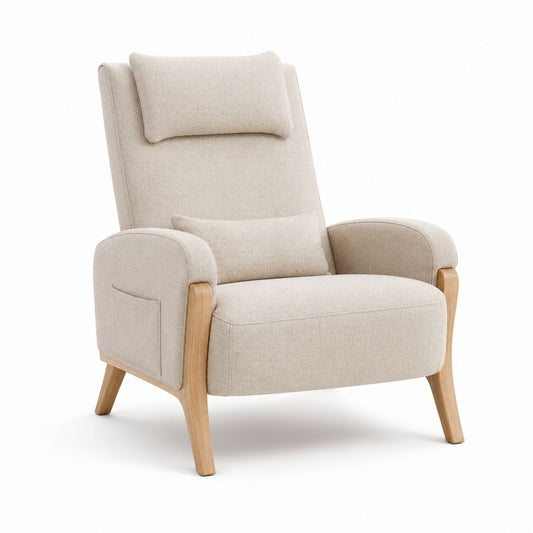 Gepolsterter Sessel aus Bouclé beige Stoff mit Beinen aus Holz und 2 Kissen, 78 × 86 × 105 cm