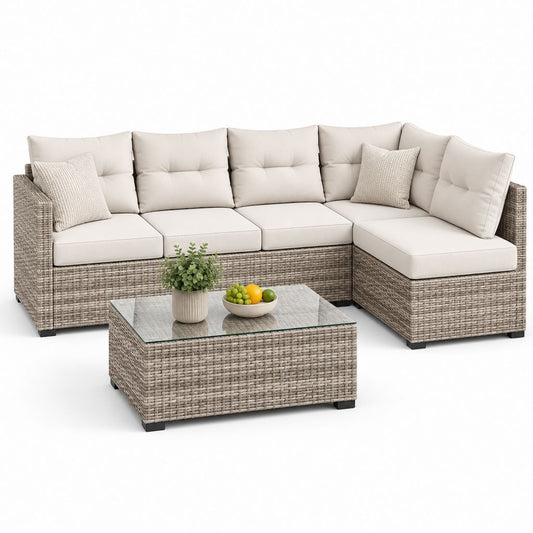Ecksofa Set von außen 4 Stücke aus Polyrattan PE Turteltaube mit Beige Kissen, 252 × 180 × 76 cm, Couchtisch 100 × 55 × 35 cm