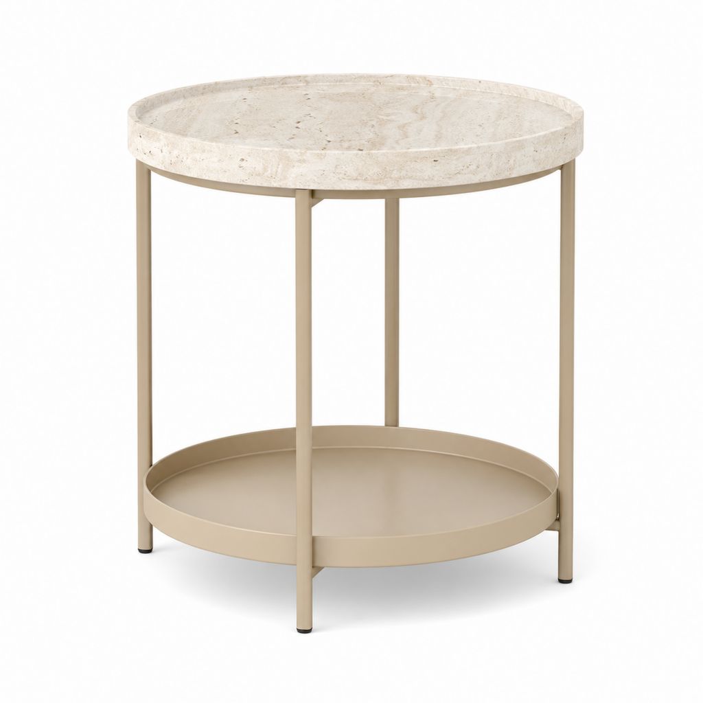 Runder Tisch aus Travertin und beige Stahl, Ø 50 × 55 cm, mit unterer Ebene