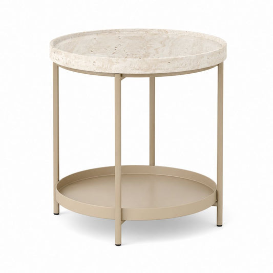 Runder Tisch aus Travertin und beige Stahl, Ø 50 × 55 cm, mit unterer Ebene