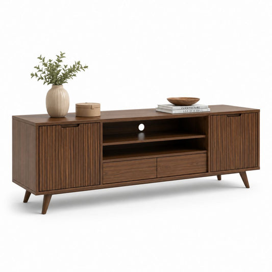 TV-Lowboard aus braunem Nussholz mit 2 Rillen, 2 Schubladen und Kabeldurchführungen, 180 × 40 × 72 cm