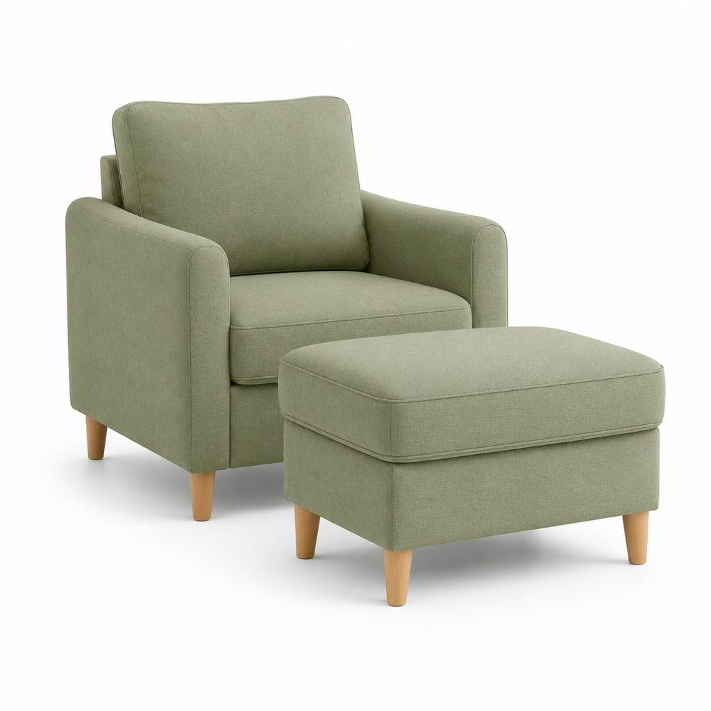 Stuhl und Fußstütze aus grünem Polyester Salbei, Stuhl 80 × 84 × 88 cm, Pouf 65 × 50 × 42 cm
