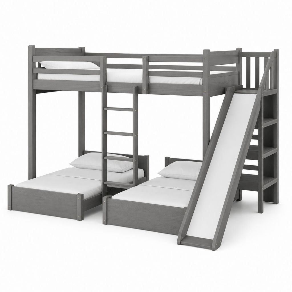 Dreifachbett für Kinder aus Holz mit Rutsche, Treppen und Regale, 3 Betten von 90 × 200 cm, grau und weiß, 250 × 250 × 180 cm