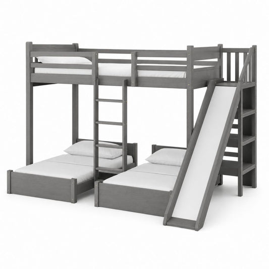 Dreifachbett für Kinder aus Holz mit Rutsche, Treppen und Regale, 3 Betten von 90 × 200 cm, grau und weiß, 250 × 250 × 180 cm