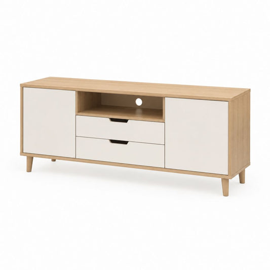 Mobile Holz TV-Anschluss mit 2 Türen, 2 Schubladen und offenem Fach, Natur- und Weißholz, 140 × 40 × 60 cm