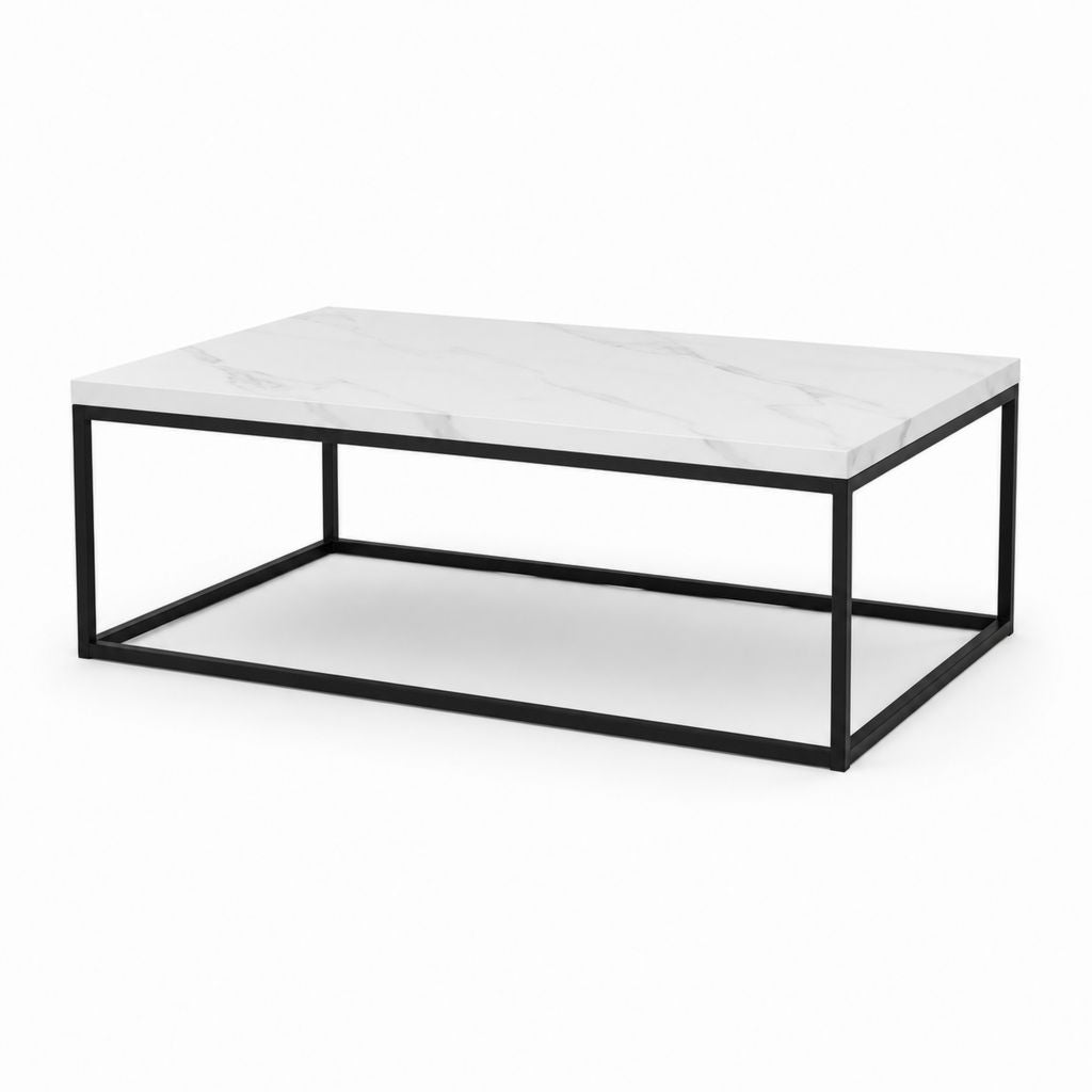 Rechteckiger Couchtisch aus MDF-Marmor und schwarzem Stahl, 100 × 60 × 40 cm