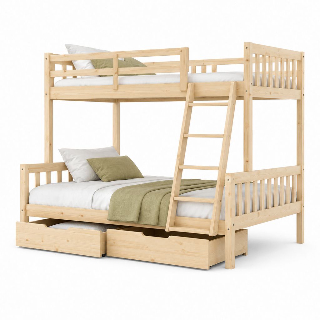 Etagenbett für Kinder 90 × 200 cm aus Naturkieferholz mit geneigter Treppe und 2 Schubladen