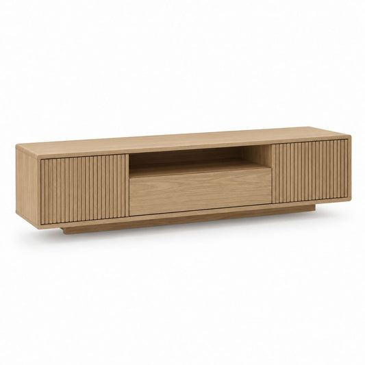 TV-Lowboard aus Holz und MDF, Naturholz, mit 2 Türen, 1 Schublade und offenem Fach, 180 × 40 × 55 cm
