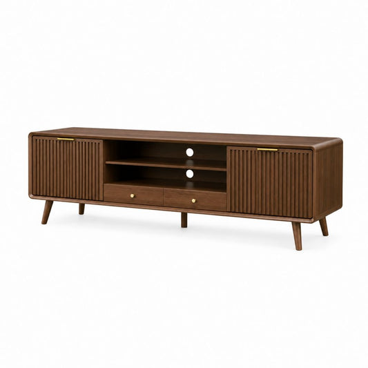 TV-Lowboard aus MDF furniert Nussbaum, braun mit Messingfarben Details, 180 × 40 × 60 cm, 2 Türen, 2 Schubladen und 2 Kabeldurchführungen