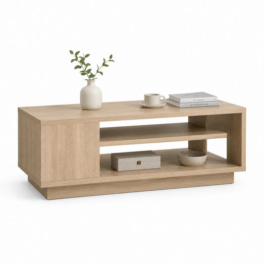 Rechteckiger Couchtisch aus paneel aus spaneel melaminico, helle Eiche, mit 2 offenen Regalen, 110 × 55 × 45 cm
