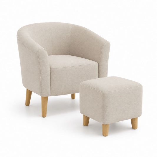 Set aus Beige-Gewebe mit Beinen aus Holz, 72 × 68 × 76 cm und 45 × 38 × 36 cm