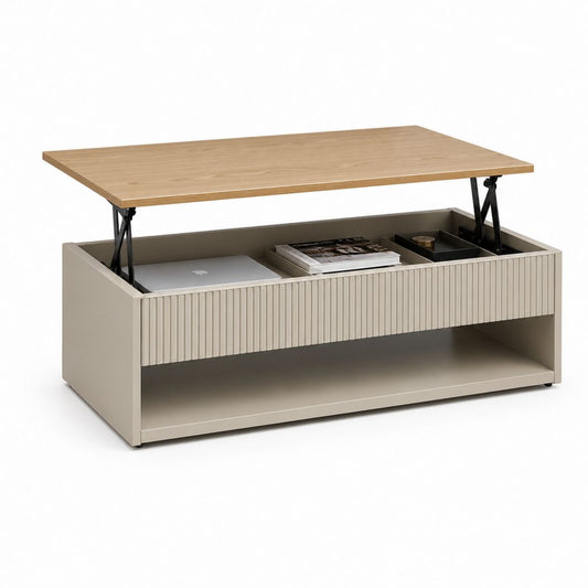 Rechteckiger Couchtisch mit Etage aus MDF und Stahl, Turteltaube/natürlicher Eiche/schwarz, 100 × 50 × 50 cm