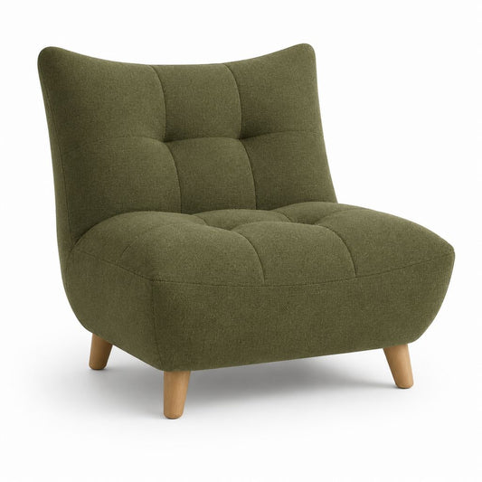 Sessel ohne Armlehnen aus olivgrünem Stoff mit gekrümmter Rückenlehne und Beine aus Holz, 74 × 76 × 82 cm