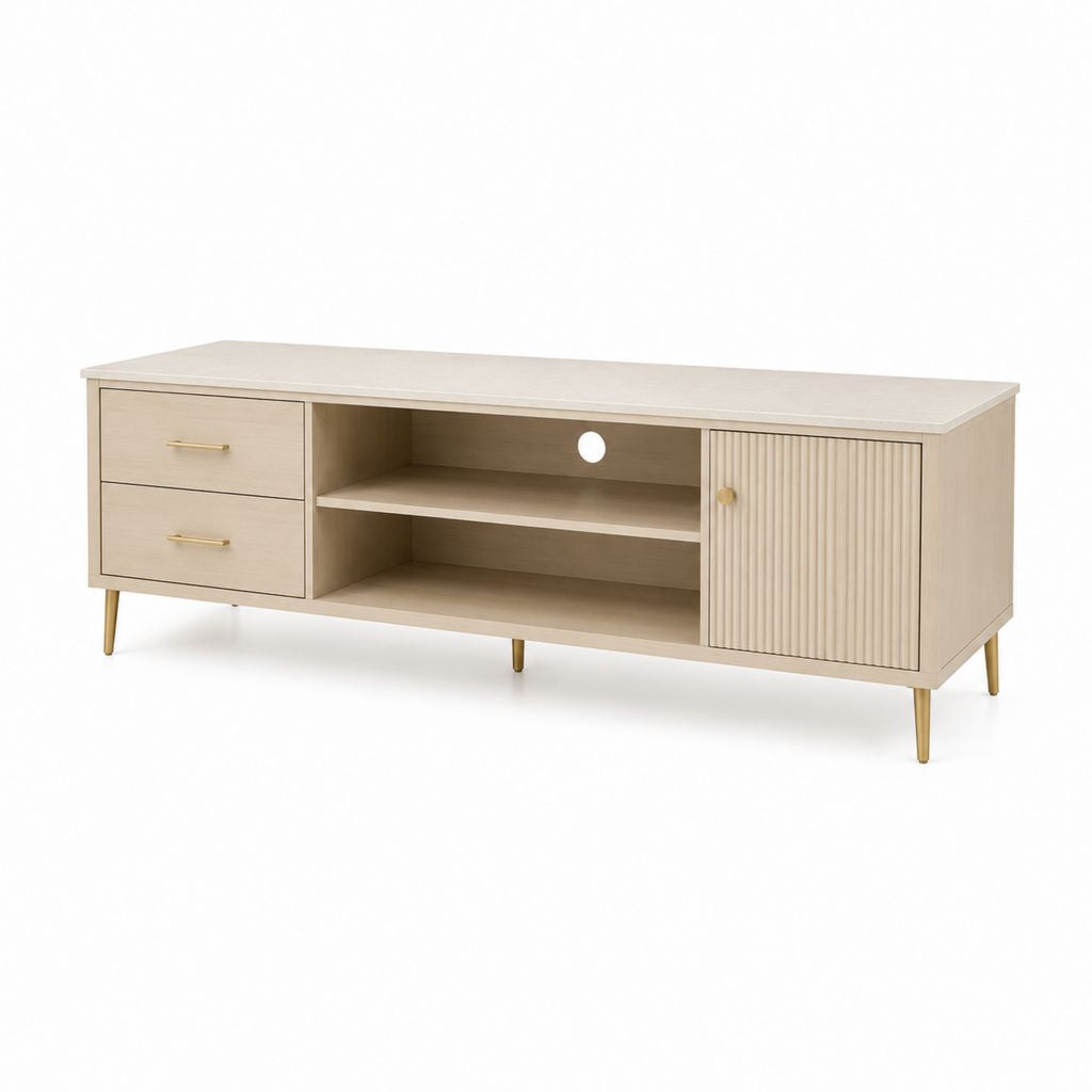 TV-Lowboard aus MDF und helle beige und Gold Spanplatte mit 2 Schubladen, 1 Tür und Kabeldurchführung, 150 × 40 × 60 cm